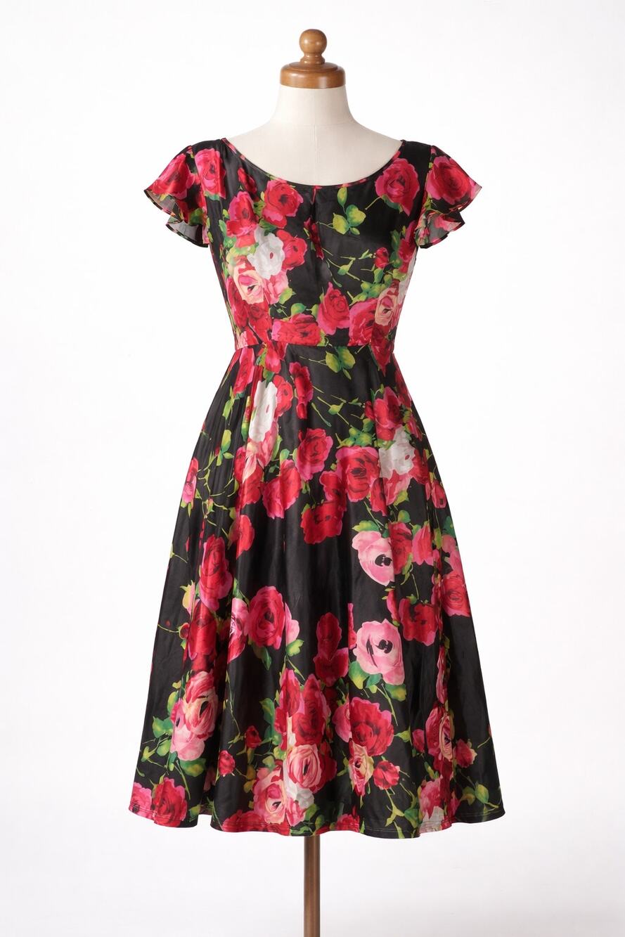 Unique Vintage | Rose Print Dress Satin Like Black Pink Red White